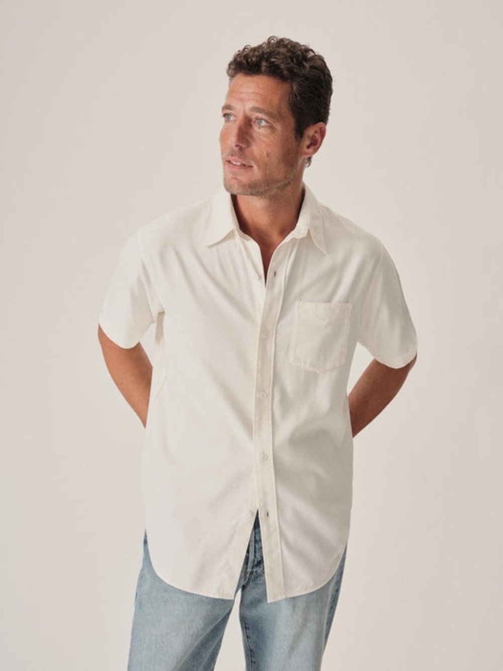Buck Mason Draped Twill One Pocket Shirt Natural White Short Sleeve Men's M